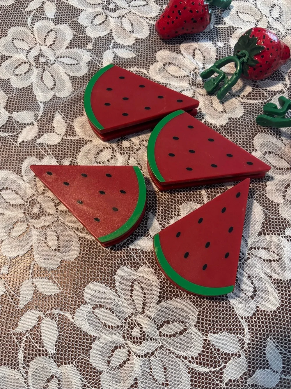Very sweet vintage Strawberry and watermelon Tablecloth Weights/clips set .